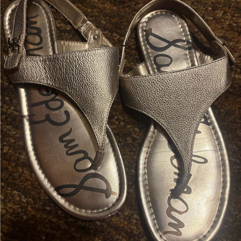 Sam Edelman Gold Metallic T-Strap Slingback Sandals - Picture 2 of 4